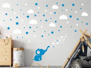 Стикер за детска стая Слонче с облаци и звезди