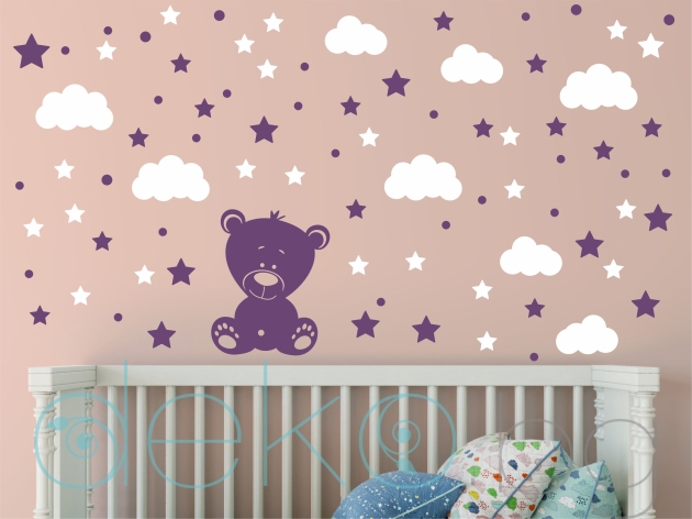 Стикер за детска стая Мече с облаци, звезди и точки - комплект в 2 цвята