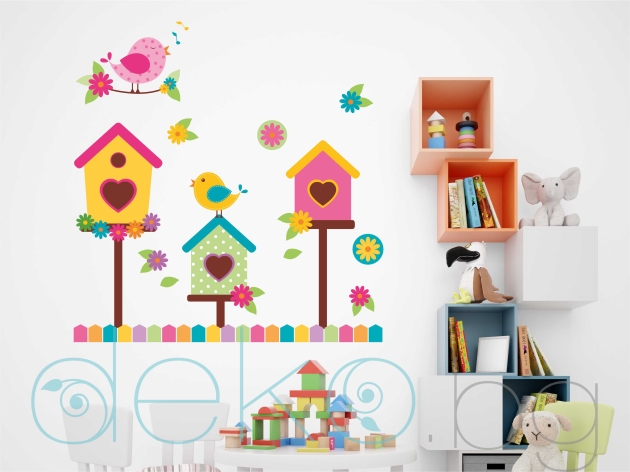 Детски стикер за стена Къщички и птици
