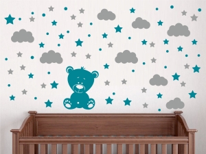 Детски стикер за стена Мече с облаци, звезди и точки - комплект в 2 цвята