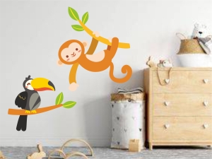 Детски стикер за стена Маймунка и птица