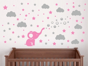 Детски стикер Слонче с облаци и звезди