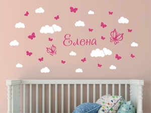 Детски стикер за стена - Име на дете с пеперуди и облачета