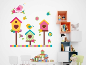 Детски стикер за стена Къщички и птици