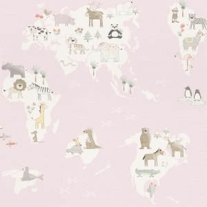 Детски тапет Карта с животни в розово