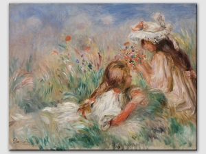 Момичета в тревата подреждат букет, импресия на Пиер-Огюст Реноар - репродукция