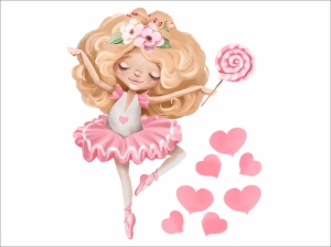 Малка балерина със захарна пръчица и сърца - стикер с ефект на рисунка