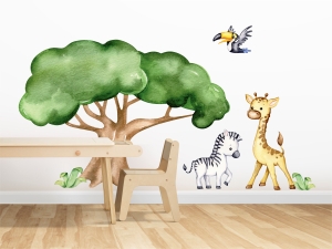 Дърво и сафари животни - стикер за стена с ефект на акварелна рисунка